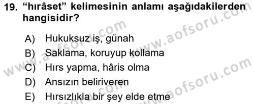 Osmanlı Türkçesi Metinleri 1 Dersi Ara Sınavı Deneme Sınav Soruları 19. Soru