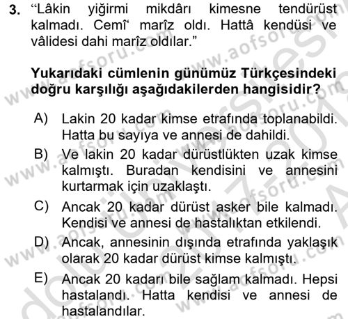 Osmanlı Türkçesi Metinleri 1 Dersi Ara Sınavı Deneme Sınav Soruları 3. Soru