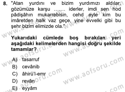 Osmanlı Türkçesi Metinleri 1 Dersi 2017 - 2018 Yılı (Vize) Ara Sınav Soruları 8. Soru