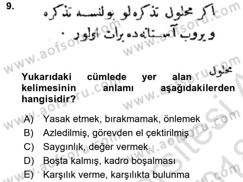 Osmanlı Türkçesi Metinleri 1 Dersi Ara Sınavı Deneme Sınav Soruları 9. Soru