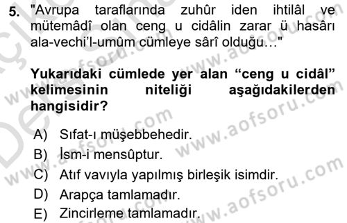 Osmanlı Türkçesi Metinleri 1 Dersi 2018 - 2019 Yılı 3 Ders Sınav Soruları 5. Soru