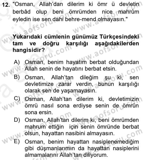 Osmanlı Türkçesi Metinleri 1 Dersi Ara Sınavı Deneme Sınav Soruları 12. Soru