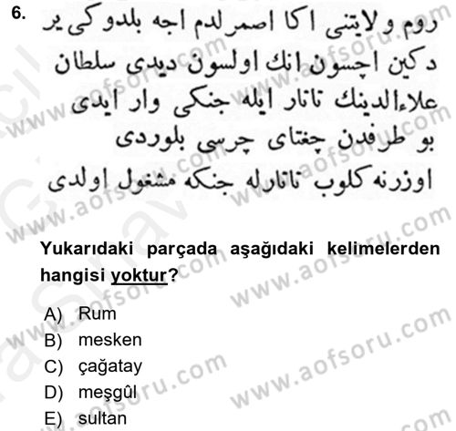Osmanlı Türkçesi Metinleri 1 Dersi 2018 - 2019 Yılı (Vize) Ara Sınav Soruları 6. Soru