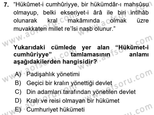 Osmanlı Türkçesi Metinleri 1 Dersi Ara Sınavı Deneme Sınav Soruları 7. Soru