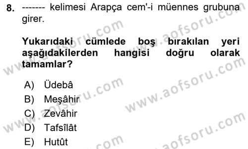 Osmanlı Türkçesi Metinleri 1 Dersi Ara Sınavı Deneme Sınav Soruları 8. Soru
