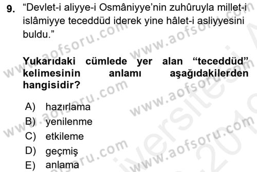 Osmanlı Türkçesi Metinleri 1 Dersi 2018 - 2019 Yılı (Vize) Ara Sınav Soruları 9. Soru