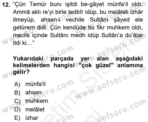 Osmanlı Türkçesi Metinleri 1 Dersi 2018 - 2019 Yılı (Final) Dönem Sonu Sınav Soruları 12. Soru