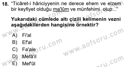 Osmanlı Türkçesi Metinleri 1 Dersi 2018 - 2019 Yılı (Final) Dönem Sonu Sınav Soruları 18. Soru