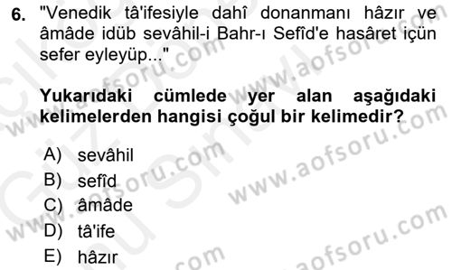 Osmanlı Türkçesi Metinleri 1 Dersi 2018 - 2019 Yılı (Final) Dönem Sonu Sınav Soruları 6. Soru