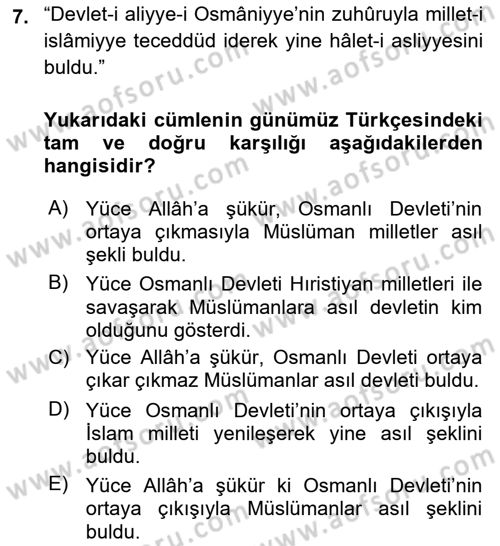 Osmanlı Türkçesi Metinleri 1 Dersi 2018 - 2019 Yılı (Final) Dönem Sonu Sınav Soruları 7. Soru