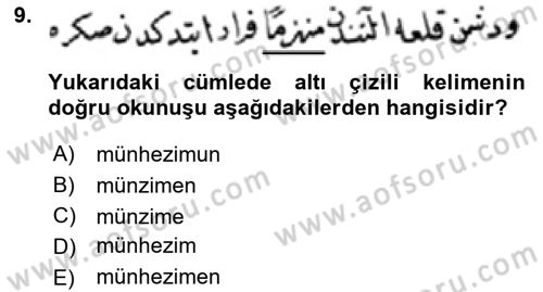 Osmanlı Türkçesi Metinleri 1 Dersi 2018 - 2019 Yılı (Final) Dönem Sonu Sınav Soruları 9. Soru
