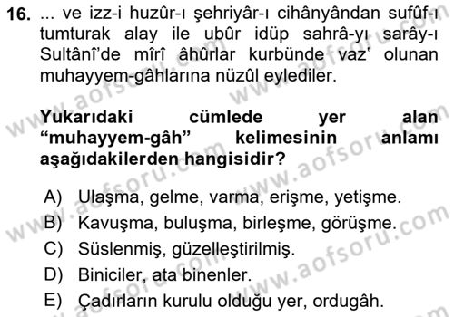 Osmanlı Türkçesi Metinleri 1 Dersi 2018 - 2019 Yılı Yaz Okulu Sınav Soruları 16. Soru