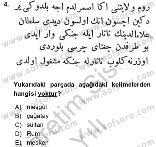 Osmanlı Türkçesi Metinleri 1 Dersi 2018 - 2019 Yılı Yaz Okulu Sınav Soruları 4. Soru