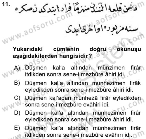 Osmanlı Türkçesi Metinleri 1 Dersi 2019 - 2020 Yılı (Final) Dönem Sonu Sınav Soruları 11. Soru