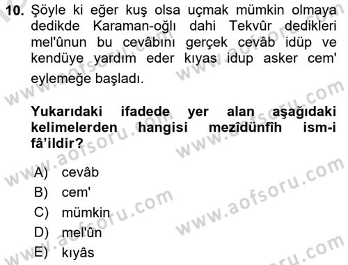 Osmanlı Türkçesi Metinleri 1 Dersi 2020 - 2021 Yılı Yaz Okulu Sınav Soruları 10. Soru