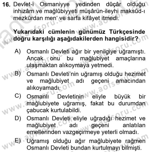 Osmanlı Türkçesi Metinleri 1 Dersi 2020 - 2021 Yılı Yaz Okulu Sınav Soruları 16. Soru