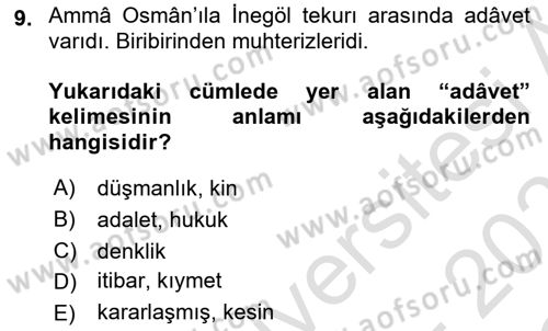 Osmanlı Türkçesi Metinleri 1 Dersi 2020 - 2021 Yılı Yaz Okulu Sınav Soruları 9. Soru