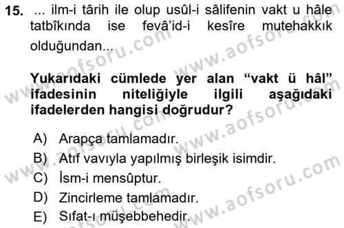 Osmanlı Türkçesi Metinleri 1 Dersi Ara Sınavı Deneme Sınav Soruları 15. Soru