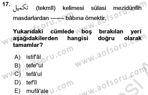 Osmanlı Türkçesi Metinleri 1 Dersi 2021 - 2022 Yılı (Vize) Ara Sınav Soruları 17. Soru