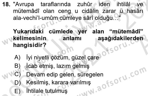 Osmanlı Türkçesi Metinleri 1 Dersi Ara Sınavı Deneme Sınav Soruları 18. Soru
