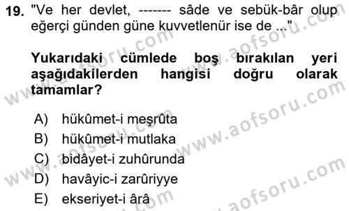 Osmanlı Türkçesi Metinleri 1 Dersi Ara Sınavı Deneme Sınav Soruları 19. Soru