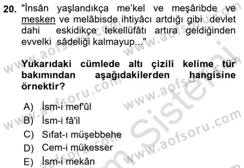 Osmanlı Türkçesi Metinleri 1 Dersi Ara Sınavı Deneme Sınav Soruları 20. Soru