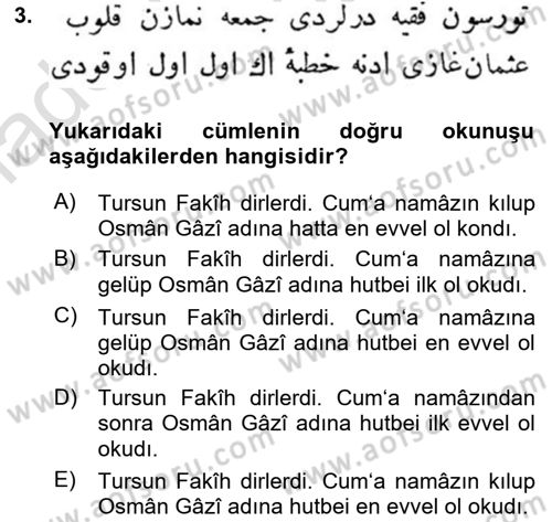 Osmanlı Türkçesi Metinleri 1 Dersi Ara Sınavı Deneme Sınav Soruları 3. Soru