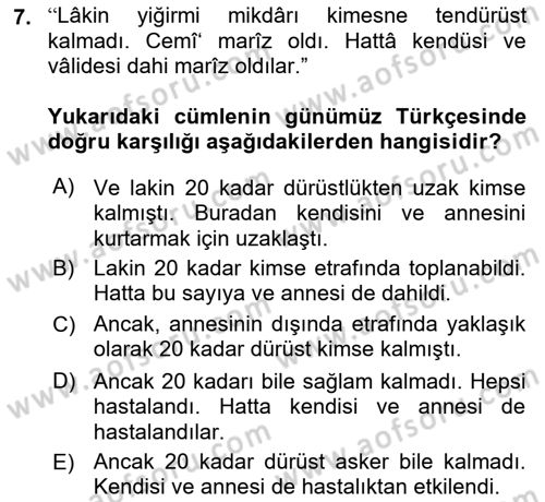 Osmanlı Türkçesi Metinleri 1 Dersi 2021 - 2022 Yılı (Vize) Ara Sınav Soruları 7. Soru