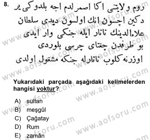 Osmanlı Türkçesi Metinleri 1 Dersi Ara Sınavı Deneme Sınav Soruları 8. Soru