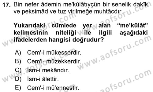 Osmanlı Türkçesi Metinleri 1 Dersi 2021 - 2022 Yılı Yaz Okulu Sınav Soruları 17. Soru