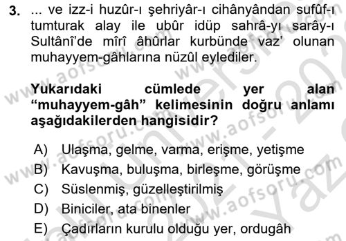 Osmanlı Türkçesi Metinleri 1 Dersi 2021 - 2022 Yılı Yaz Okulu Sınav Soruları 3. Soru