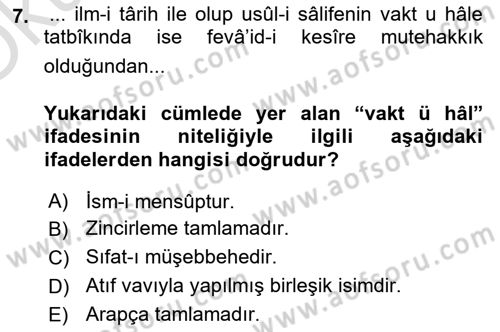 Osmanlı Türkçesi Metinleri 1 Dersi 2021 - 2022 Yılı Yaz Okulu Sınav Soruları 7. Soru
