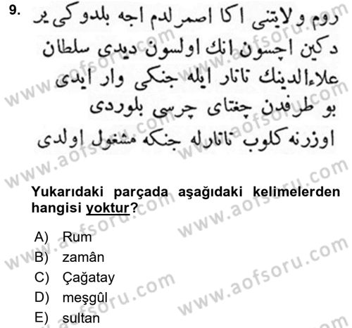 Osmanlı Türkçesi Metinleri 1 Dersi 2021 - 2022 Yılı Yaz Okulu Sınav Soruları 9. Soru