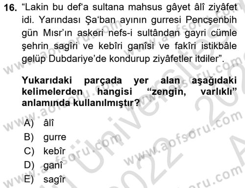 Osmanlı Türkçesi Metinleri 1 Dersi 2022 - 2023 Yılı (Vize) Ara Sınav Soruları 16. Soru