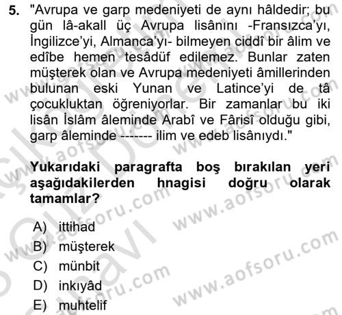 Osmanlı Türkçesi Metinleri 1 Dersi 2022 - 2023 Yılı (Vize) Ara Sınav Soruları 5. Soru