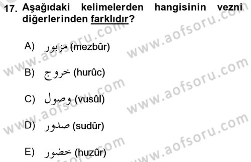 Osmanlı Türkçesi Metinleri 1 Dersi 2022 - 2023 Yılı (Final) Dönem Sonu Sınav Soruları 17. Soru