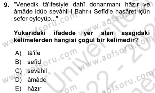 Osmanlı Türkçesi Metinleri 1 Dersi 2022 - 2023 Yılı (Final) Dönem Sonu Sınav Soruları 9. Soru