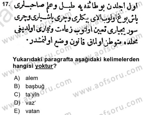 Osmanlı Türkçesi Metinleri 1 Dersi Ara Sınavı Deneme Sınav Soruları 17. Soru