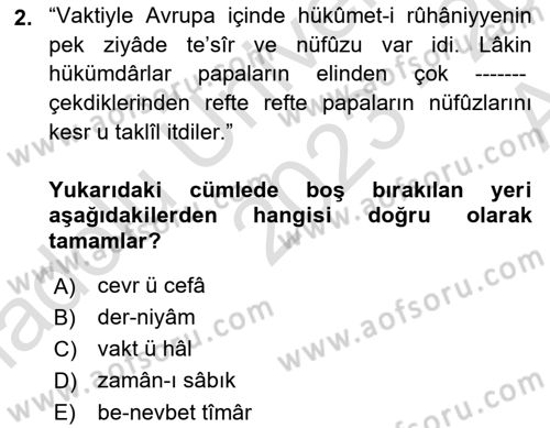 Osmanlı Türkçesi Metinleri 1 Dersi Ara Sınavı Deneme Sınav Soruları 2. Soru