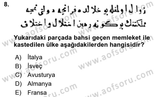 Osmanlı Türkçesi Metinleri 1 Dersi 2023 - 2024 Yılı (Vize) Ara Sınav Soruları 8. Soru