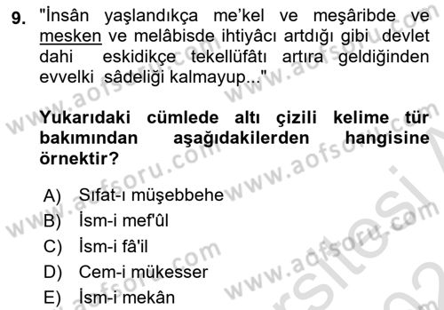 Osmanlı Türkçesi Metinleri 1 Dersi 2023 - 2024 Yılı (Vize) Ara Sınav Soruları 9. Soru