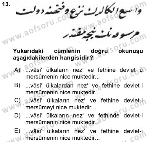 Osmanlı Türkçesi Metinleri 1 Dersi 2023 - 2024 Yılı (Final) Dönem Sonu Sınav Soruları 13. Soru
