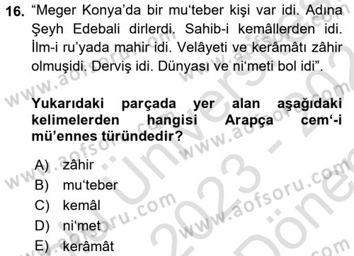 Osmanlı Türkçesi Metinleri 1 Dersi 2023 - 2024 Yılı (Final) Dönem Sonu Sınav Soruları 16. Soru
