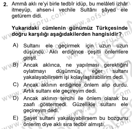 Osmanlı Türkçesi Metinleri 1 Dersi 2023 - 2024 Yılı (Final) Dönem Sonu Sınav Soruları 2. Soru