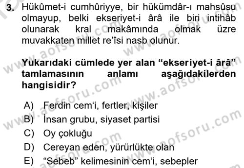 Osmanlı Türkçesi Metinleri 1 Dersi 2023 - 2024 Yılı (Final) Dönem Sonu Sınav Soruları 3. Soru