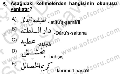 Osmanlı Türkçesi Metinleri 1 Dersi 2023 - 2024 Yılı (Final) Dönem Sonu Sınav Soruları 5. Soru