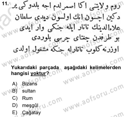 Osmanlı Türkçesi Metinleri 1 Dersi 2023 - 2024 Yılı Yaz Okulu Sınav Soruları 11. Soru