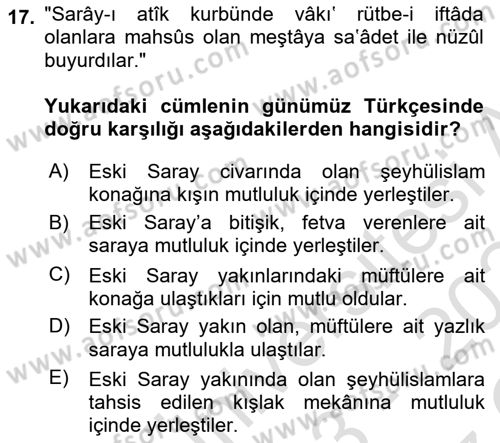Osmanlı Türkçesi Metinleri 1 Dersi 2023 - 2024 Yılı Yaz Okulu Sınav Soruları 17. Soru