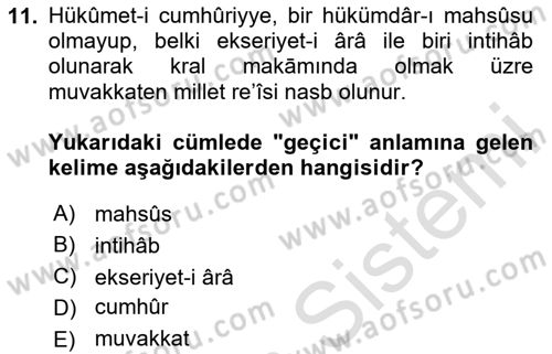 Osmanlı Türkçesi Metinleri 1 Dersi 2024 - 2025 Yılı (Vize) Ara Sınav Soruları 11. Soru