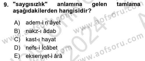 Osmanlı Türkçesi Metinleri 1 Dersi 2024 - 2025 Yılı (Vize) Ara Sınav Soruları 9. Soru